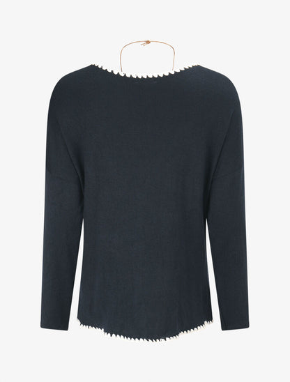 Pull fin uni à bords brodés - Marine - 2