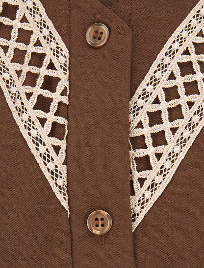 Chemise unie à col brodé - Marron - 3