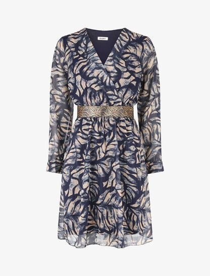 Robe fluide imprimé fleuri à taille stylisée - Marine - 1