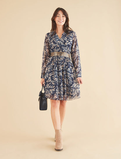 Robe fluide imprimé fleuri à taille stylisée - Marine - 4