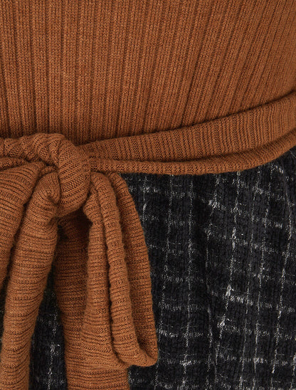 Robe bimatière à jupe imprimé carreaux - Camel - 3