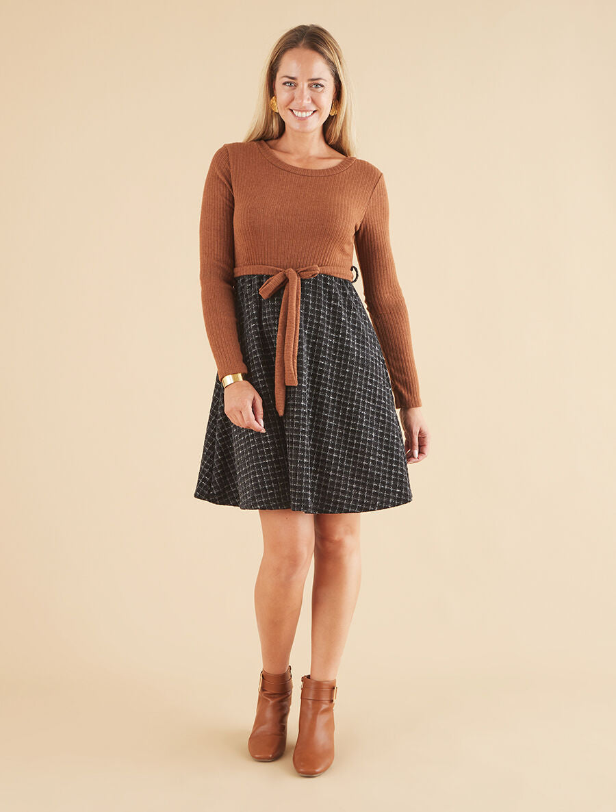 Robe bimatière à jupe imprimé carreaux - Camel - 4