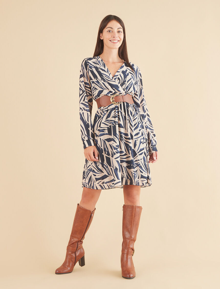 Robe patineuse imprimé feuillage stylisé - Marine - 4