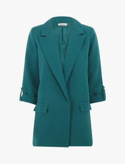 Blazer mi-long uni à manches retroussables - Bleu canard - 1