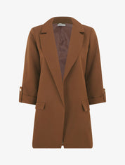 Blazer mi-long uni à manches retroussables - Marron - 1