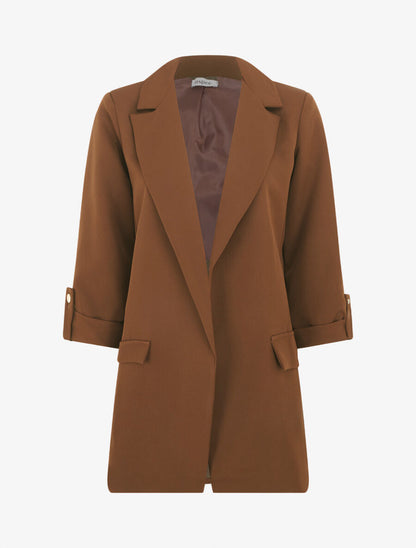 Blazer mi-long uni à manches retroussables - Marron - 1