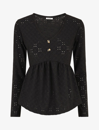 Blouse unie et ajourée - Noir - 1