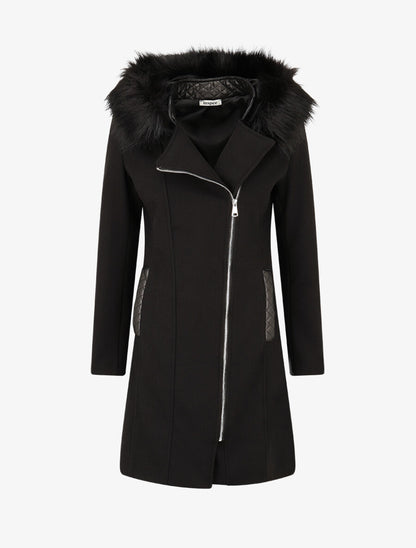 Manteau long à capuche et fourrure synthétique - Noir - 1