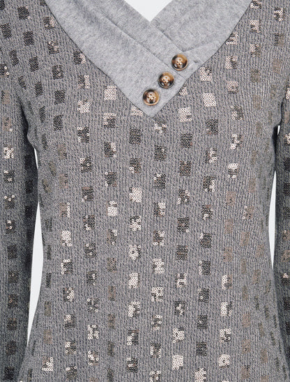 Pull fin incrusté de sequins - Gris - 3