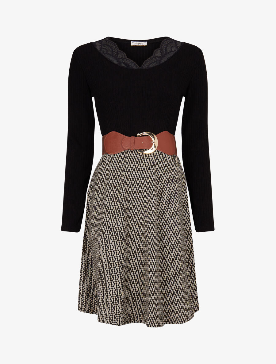 Robe patineuse à jupe irisée et imprimé zig-zag - Noir - 1