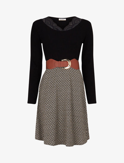 Robe patineuse à jupe irisée et imprimé zig-zag - Noir - 1