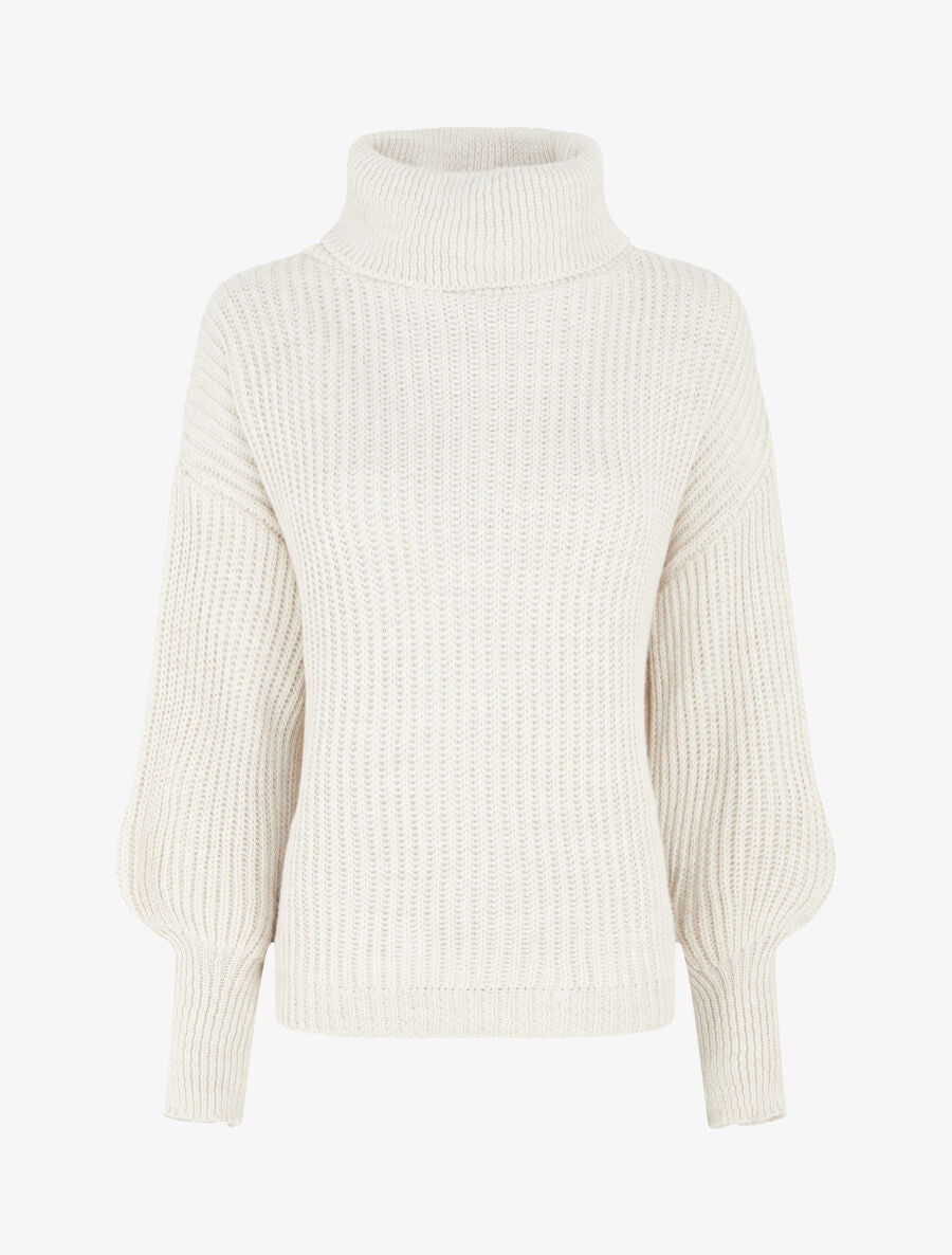 Pull uni en maille à col roulé - Blanc cassé - 1
