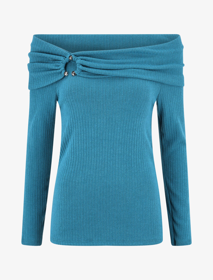 Pull fin côtelé à col bardot - Bleu canard - 4