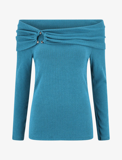Pull fin côtelé à col bardot - Bleu canard - 4