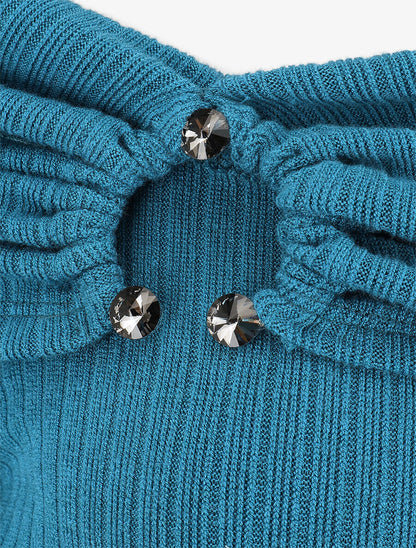 Pull fin côtelé à col bardot - Bleu canard - 3