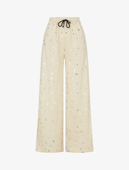 Pantalon élastiqué imprimé plumes irisées - Beige - 1