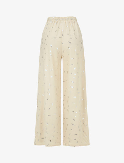 Pantalon élastiqué imprimé plumes irisées - Beige - 2