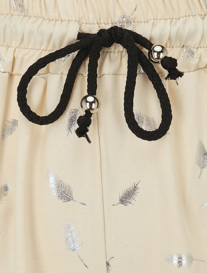 Pantalon élastiqué imprimé plumes irisées - Beige - 3