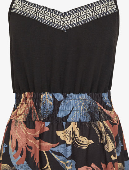 Robe longue à fines bretelles imprimé feuilles - Noir - 3