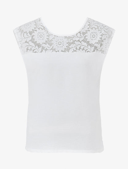 Top droit sans manches col en dentelle - Blanc - 1