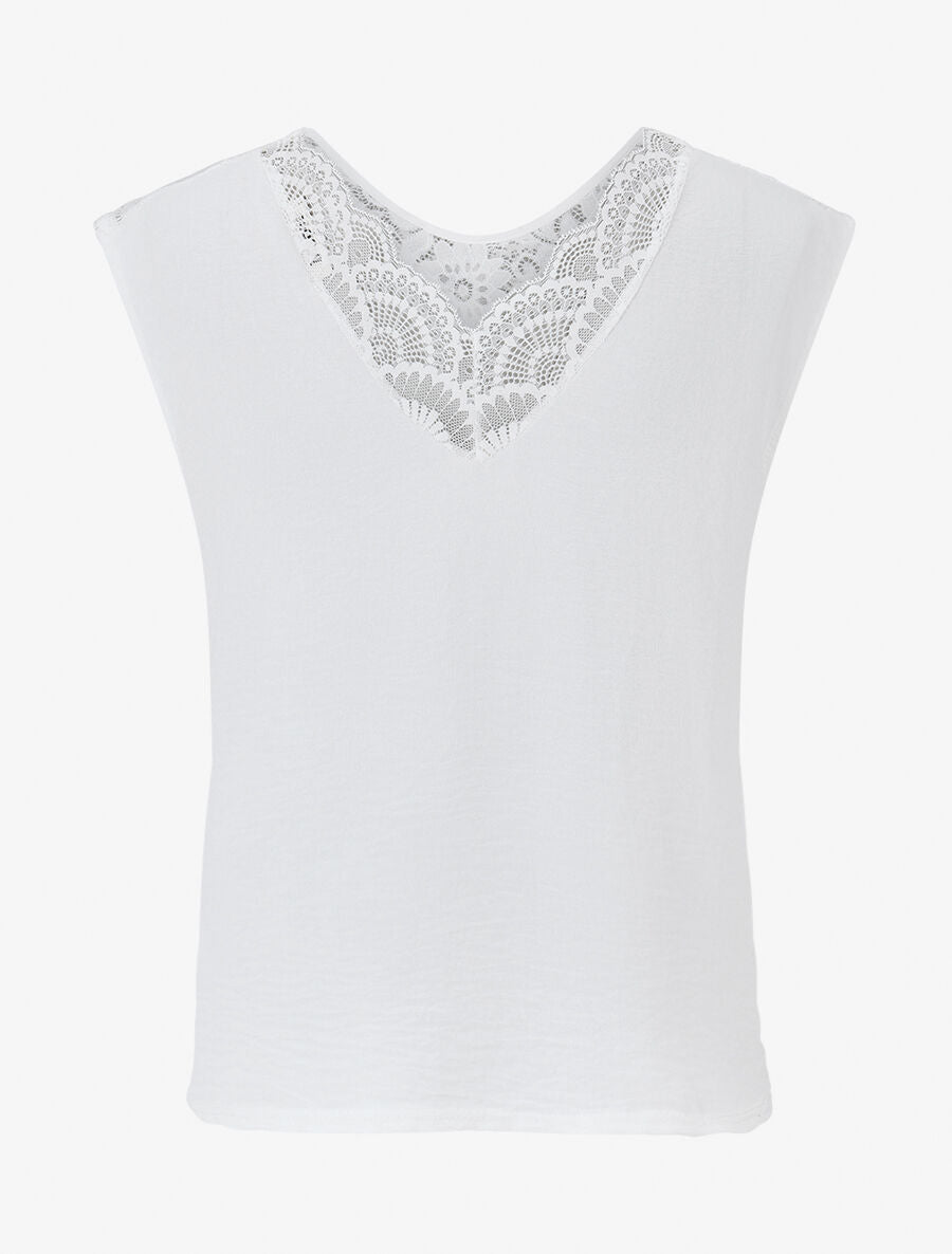 Top droit sans manches col en dentelle - Blanc - 2