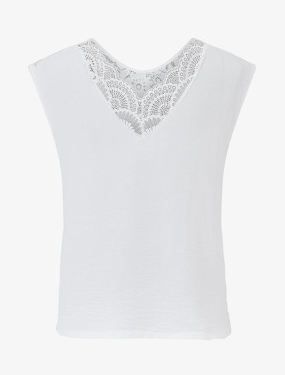 Top droit sans manches col en dentelle - Blanc - 2