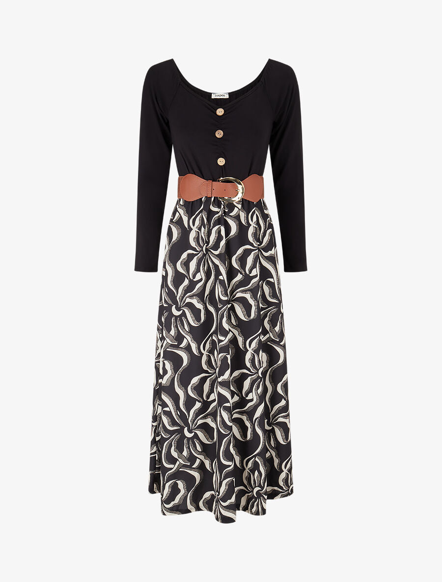 Robe évasée à jupe imprimée - Noir - 4