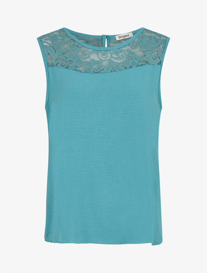 Top droit sans manches col dentelle - Turquoise - 1