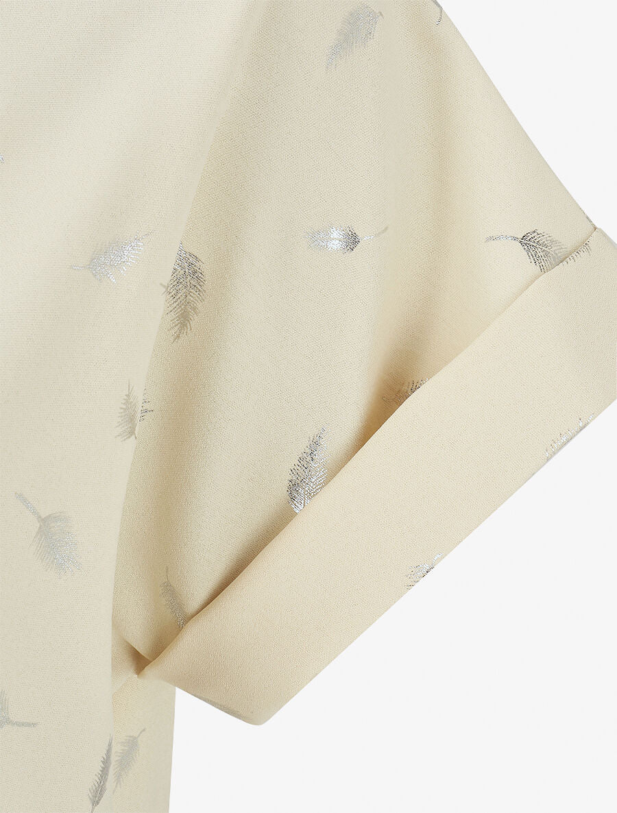 Top imprimé plumes irisées à détail ajouré et pierres - Beige - 3