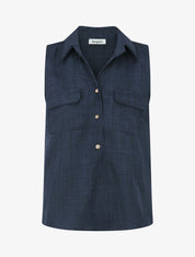 Top uni boutonné effet lin - Marine - 1
