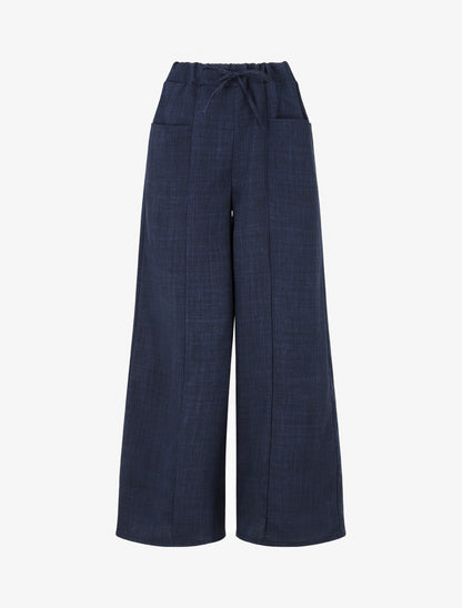 Pantalon élastiqué uni à poches plaquées - Marine - 1