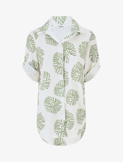 Chemise à manches retroussables imprimé anémones - Kaki - 4
