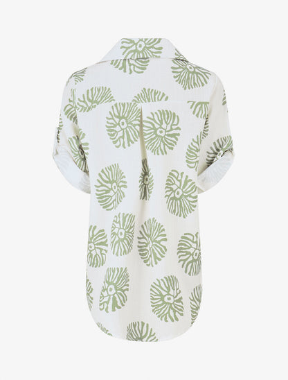 Chemise à manches retroussables imprimé anémones - Kaki - 2
