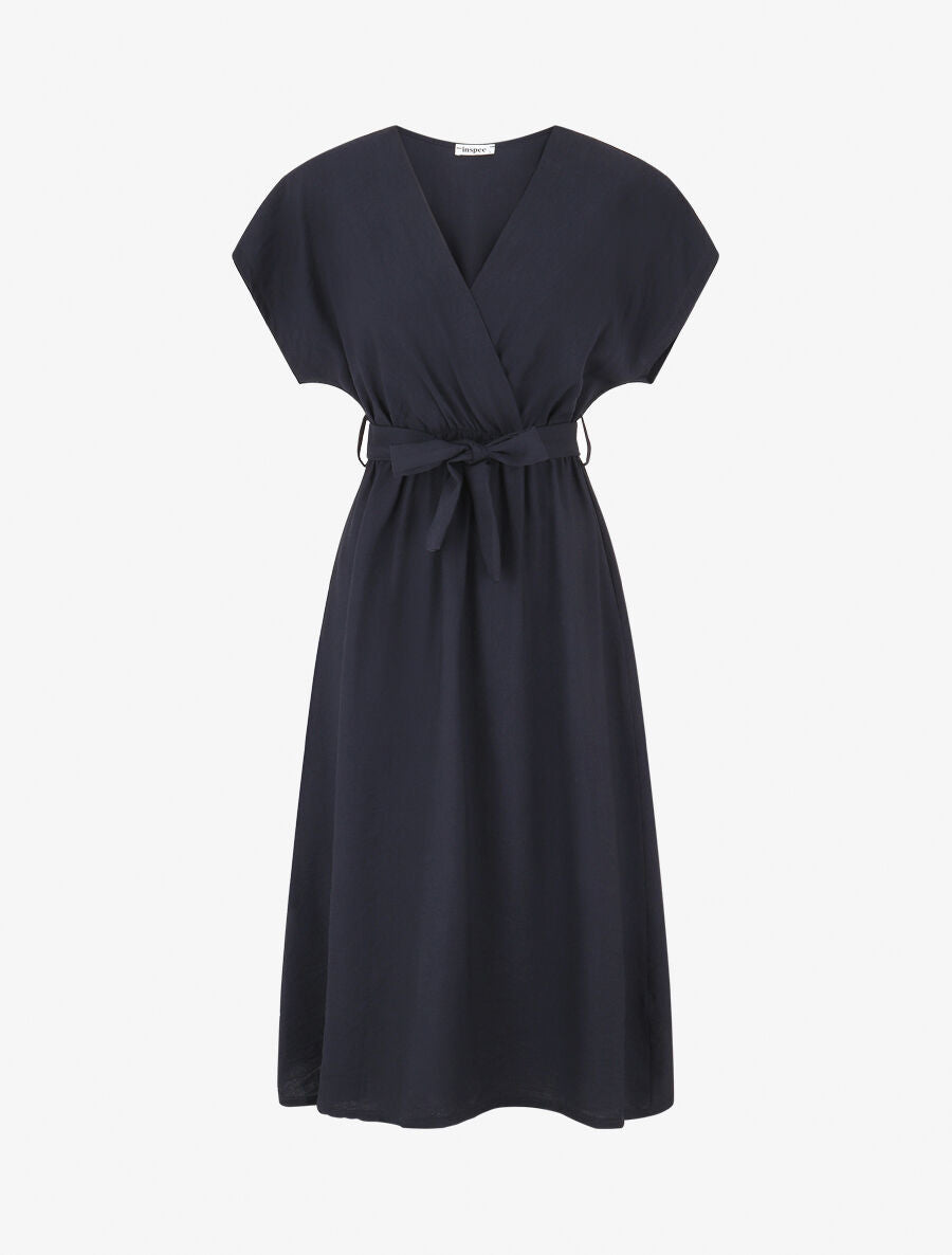 Robe longue unie à manches courtes - Marine - 1