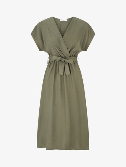 Robe longue unie à manches courtes - Kaki - 1