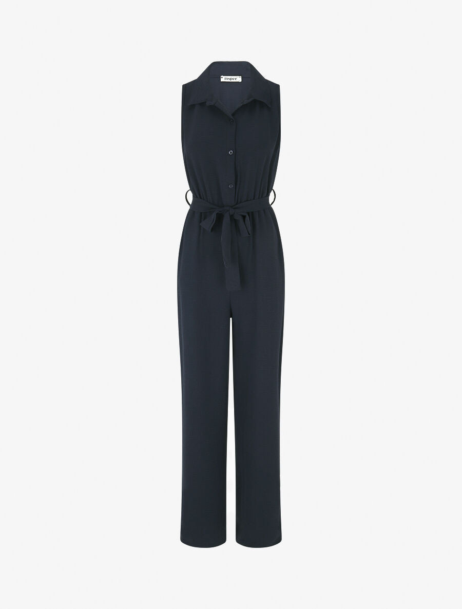 Combinaison droite sans manches style chemise - Marine - 4