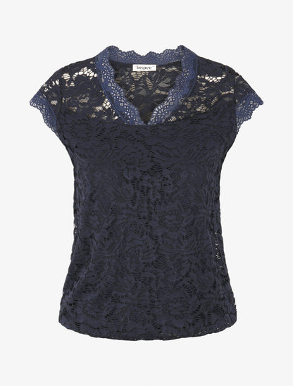 Top droit en dentelle col V - Marine - 1