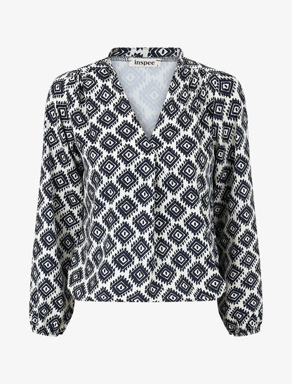 Blouse manches longues imprimé ikat - Marine - 1
