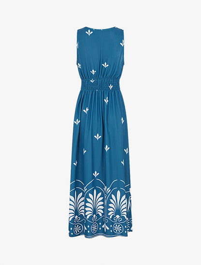 Robe longue sans manches à fleurs style arabesque - Bleu canard - 2