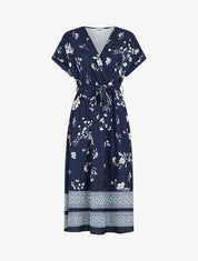 Robe longue manches courtes motif floral - Marine - 4