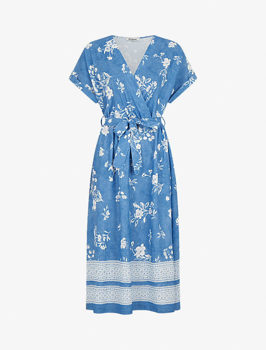 Robe longue manches courtes motif floral - Bleu ciel - 4