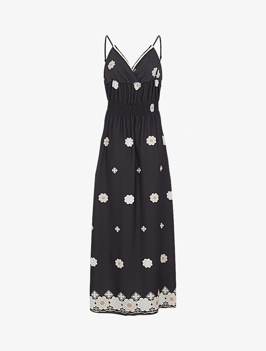 Robe longue fines bretelles et motif floral - Noir - 2