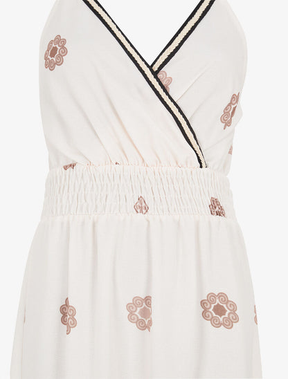 Robe longue fines bretelles et motif floral - Écru - 3