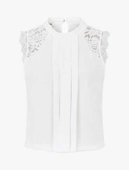 Top sans manches à dentelle et detail plissé - Blanc - 4