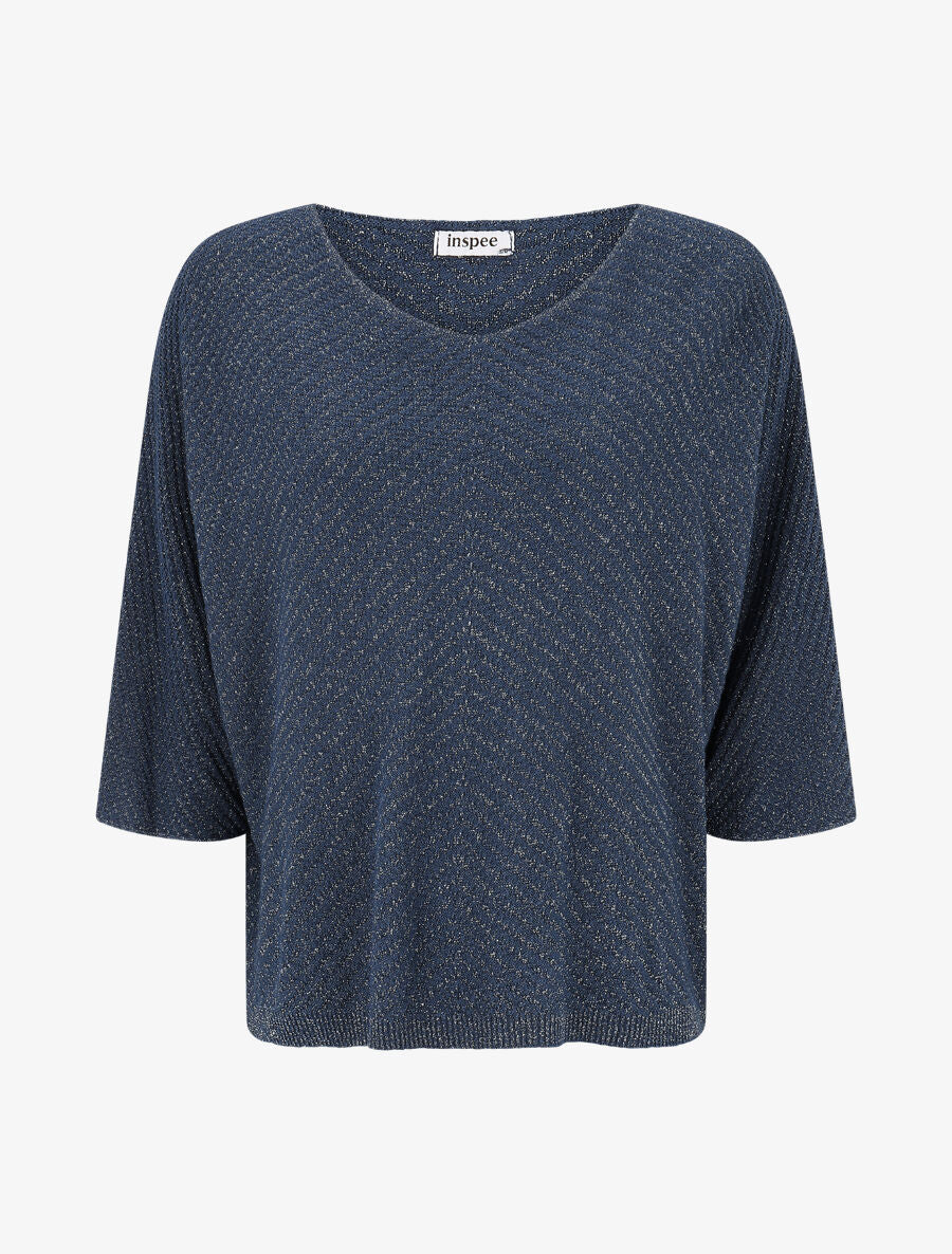 Pull fin irisé à manches courtes - Marine - 1