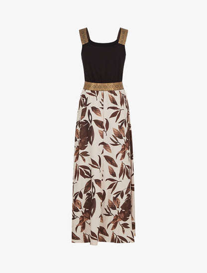 Robe longue à bretelles imprimé feuilles - Beige - 2