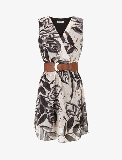 Robe courte sans manches imprimé feuilles irisé - Noir - 1