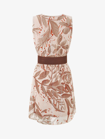 Robe courte sans manches imprimé feuilles irisé - Camel - 2