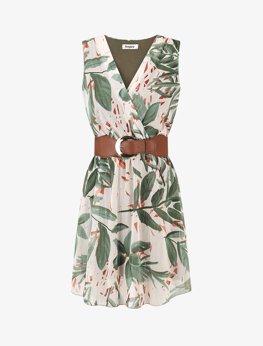 Robe courte sans manches imprimé feuilles irisé - Kaki - 1