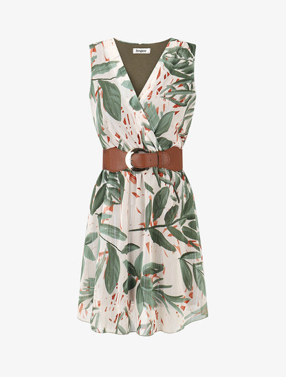 Robe courte sans manches imprimé feuilles irisé - Kaki - 1